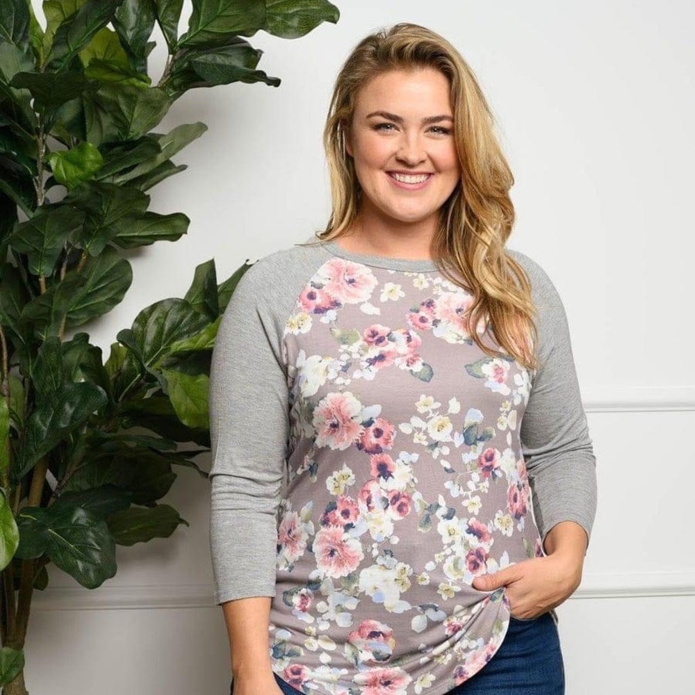 New Junior's Cute Boutique Gray Floral raglan sleeve top